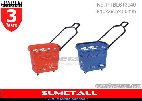 Китай Красный/синь 45 литров свертывая пластиковую корзину для товаров с колесами для супермаркета поставщик
