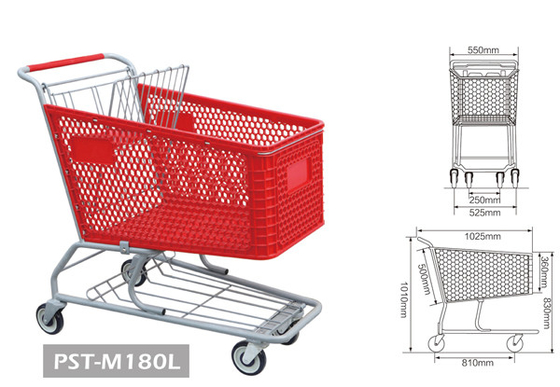 Китай Вагонетка покупок супермаркета красного цвета ПСТ-М180Л с 4 корзиной колес 180Л для гастронома поставщик